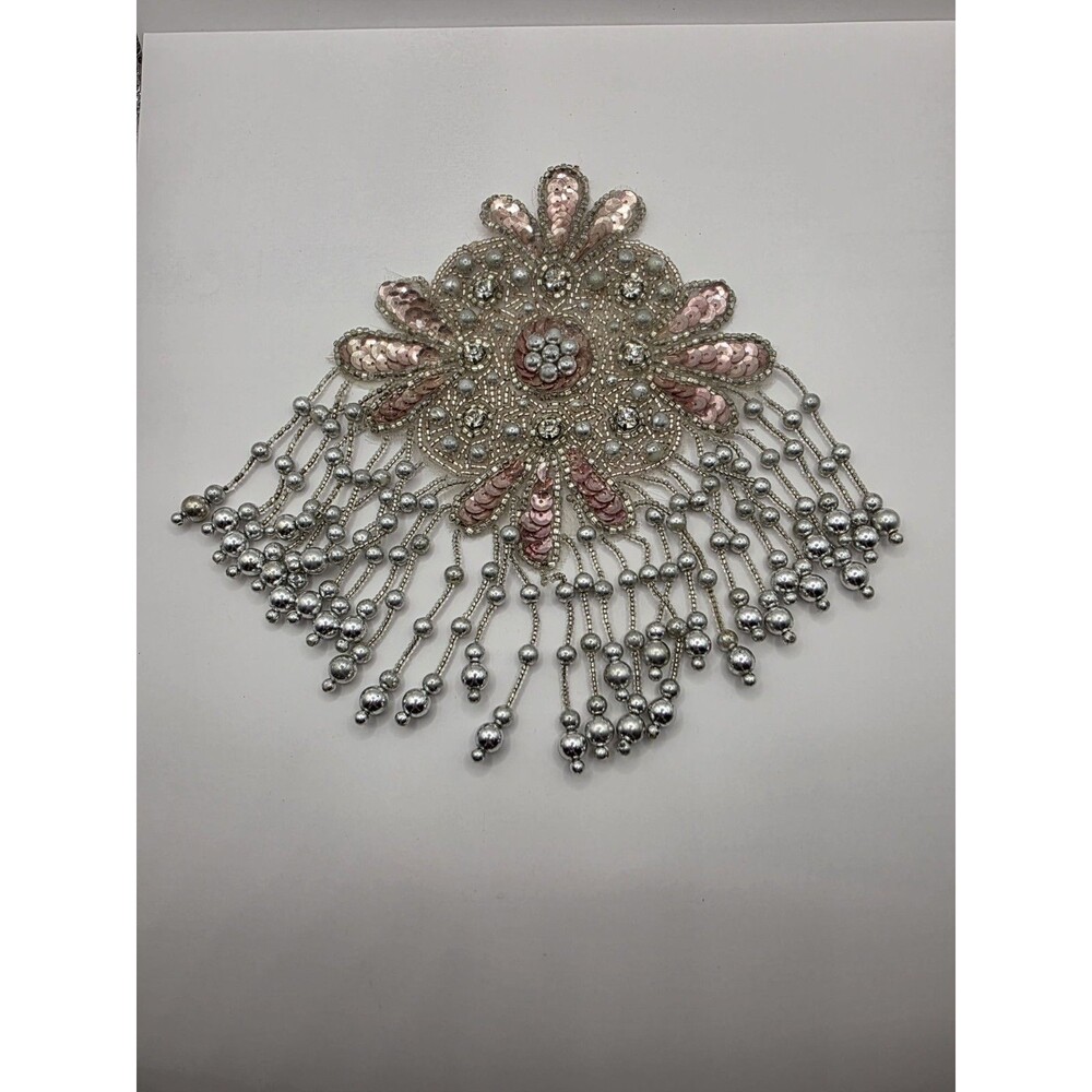 Vintage Handmade Applique W/ Dangling Beads 8" X 6" Has pin on back